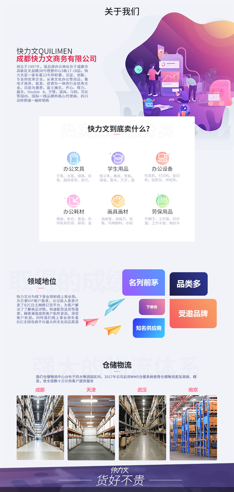 成都快力文商務(wù)有限公司（CHENGU QUILIMEN BUSINESS SERVICE CORPORATION LIMITED）簡(jiǎn)稱(chēng)：快力文QUILIMEN，創(chuàng)立于1997年，現(xiàn)總部辦公地址位于成都市高新區(qū)天益路38號(hào)理想中心3棟17-18層?？炝ξ氖且患矣兄?2年的積累、沉淀、創(chuàng)新、專(zhuān)業(yè)的優(yōu)秀企業(yè)，從事辦公文具、學(xué)生用品、辦公設(shè)備、辦公耗材、畫(huà)具畫(huà)材、勞保用品等文化辦公用品，集電子商務(wù)、批發(fā)、直銷(xiāo)為一體的行業(yè)優(yōu)秀企業(yè)。目前為惠普、富士施樂(lè)、齊心、得力、晨光、Double A、宇登、清風(fēng)、馬利、百樂(lè)等國(guó)內(nèi)、國(guó)際一線品牌的核心代理商、四川總經(jīng)銷(xiāo)或一級(jí)經(jīng)銷(xiāo)商。
快力文分為線下事業(yè)部和線上事業(yè)部。為方便VIP客戶需求，公司投入重資開(kāi)發(fā)了B2C自主網(wǎng)絡(luò)訂貨平臺(tái)，為客戶解決了了解商品詳情，快速配貨送貨等需求，顧客滿意度和客戶粘性更高，深受客戶歡迎。同時(shí)我們線上事業(yè)部有著B(niǎo)2C全國(guó)電商平臺(tái)最大的文化用品渠道商。連續(xù)3年持續(xù)保持天貓全國(guó)辦公文化類(lèi)目單店銷(xiāo)售全國(guó)前3強(qiáng)，綜合類(lèi)目排名全國(guó)第一，由于業(yè)績(jī)突出，16年受邀于京東平臺(tái)，成為京東平臺(tái)的商家，同時(shí)公司還受邀當(dāng)當(dāng)網(wǎng)和拼多多，成為國(guó)內(nèi)多個(gè)知名電商平臺(tái)的供應(yīng)商。
我們倉(cāng)儲(chǔ)物流中心分布于成都、天津、武漢、南京、的物流園區(qū)內(nèi)2017年公司啟用WMS倉(cāng)儲(chǔ)系統(tǒng)使得倉(cāng)儲(chǔ)物流更加高效、精準(zhǔn)，給全國(guó)數(shù)十萬(wàn)計(jì)的客戶提供服務(wù)。
